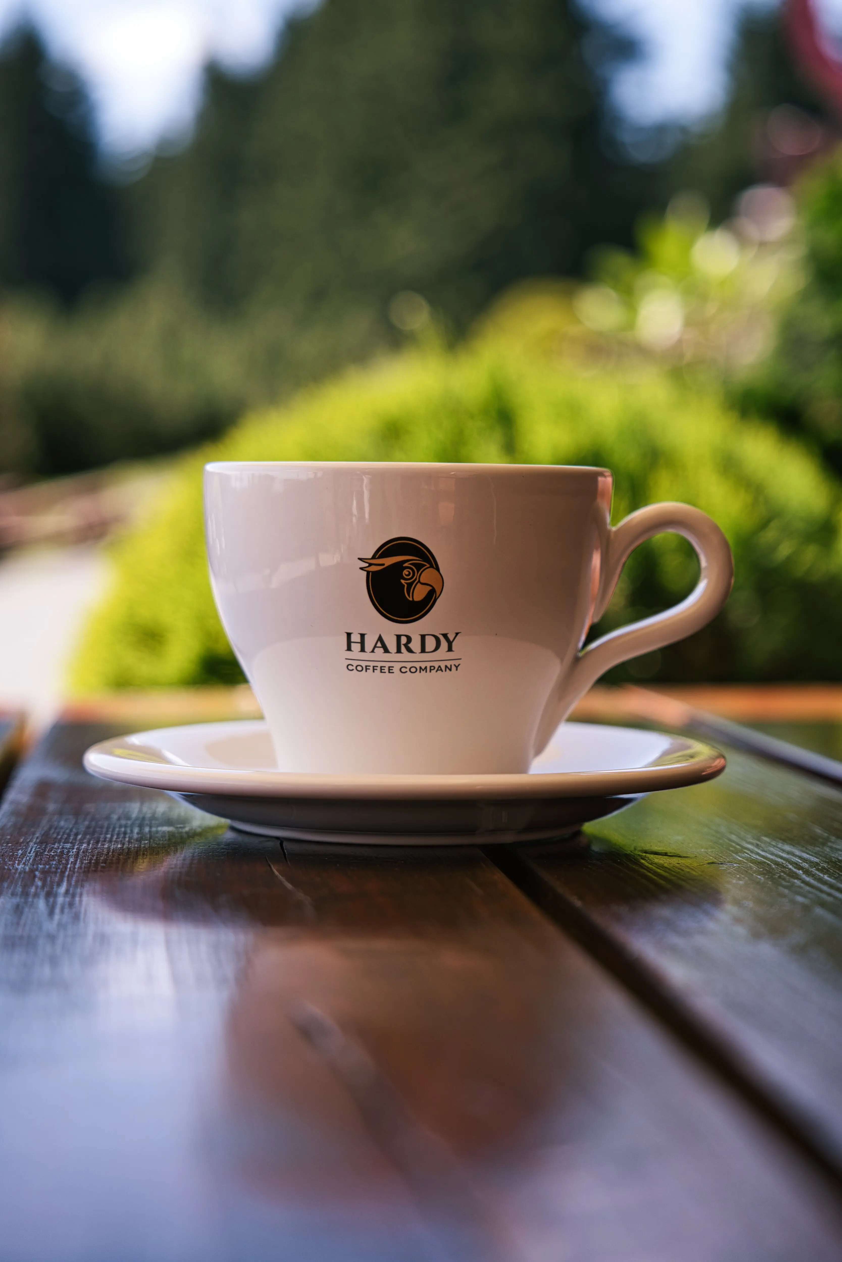 Šálek kávy Caffè Hardy na venkovní terase